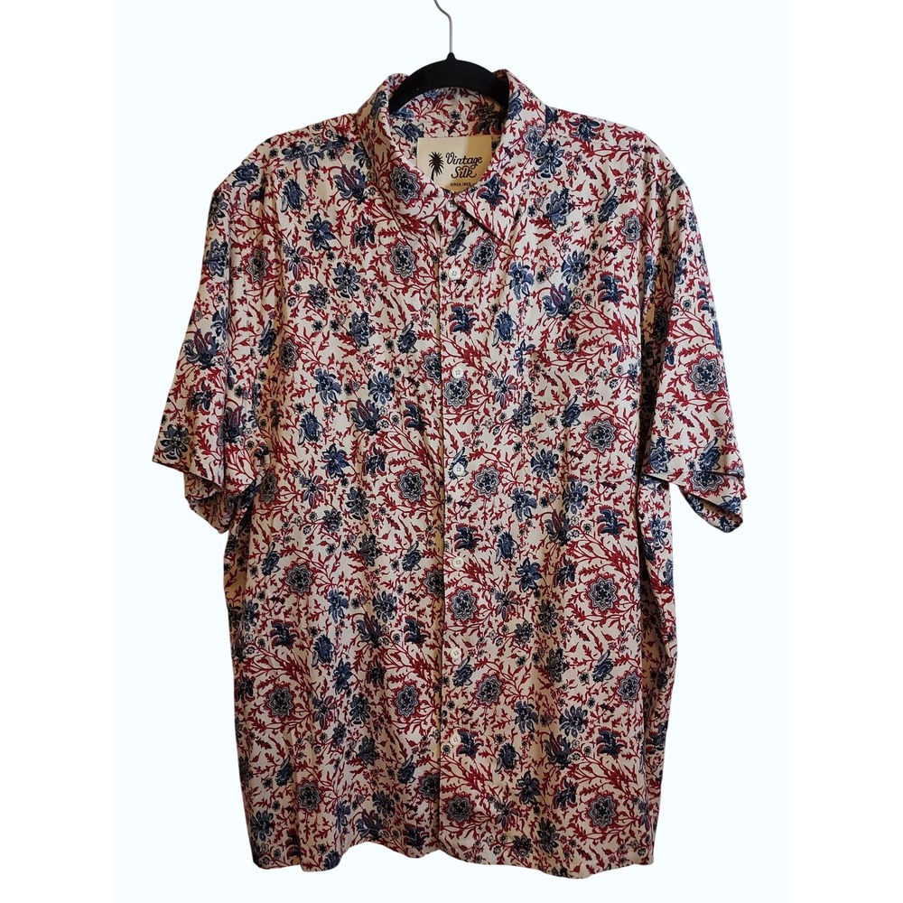 Vintage Silk Button Up Shirt Mens XXL Cream Red Blue Floral Paisley Aloha Dad